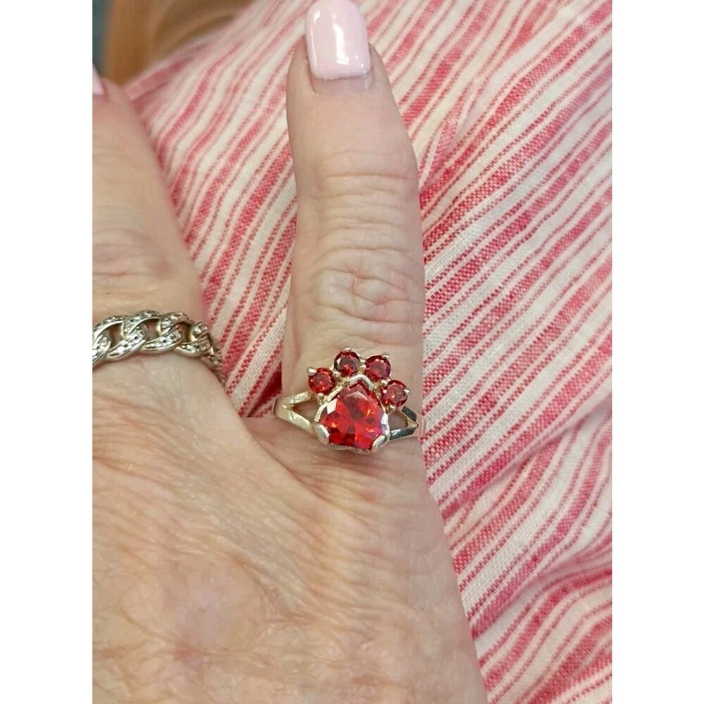 Paw Print Sterling Silver Ring Size 6 Orange Stones 11x11mm